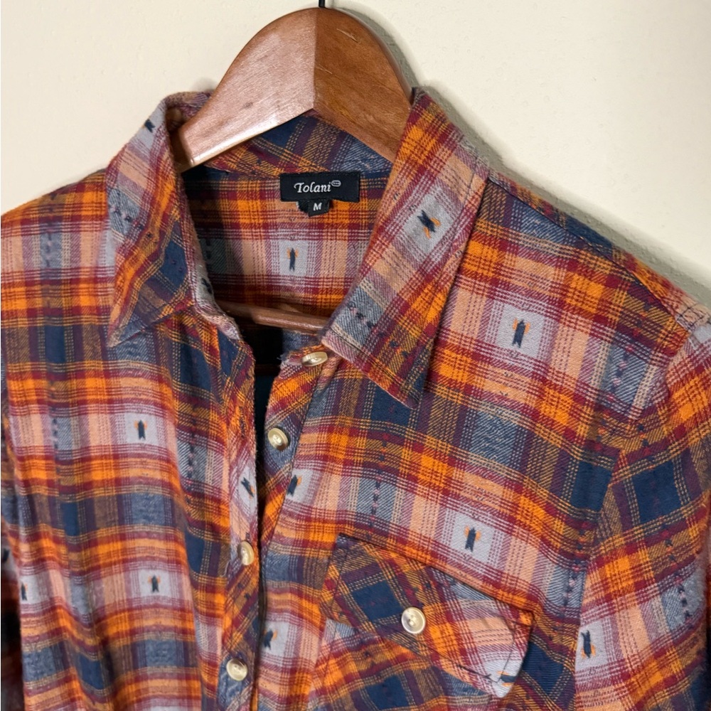 Tolani Mixed Media Plaid Shirt Bandana Back Boho Top M - Picture 6 of 9